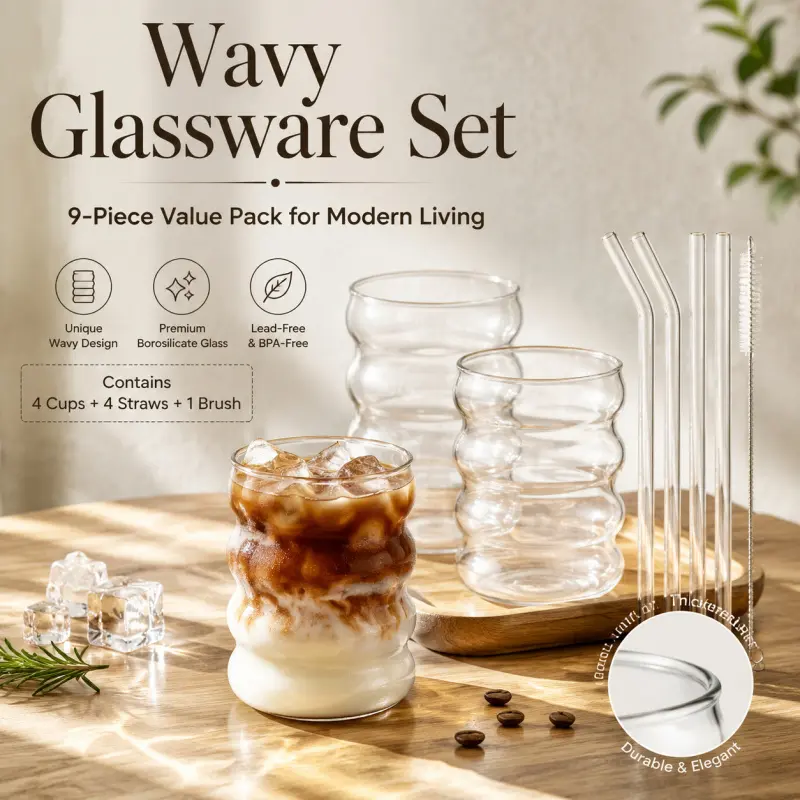9 Pcs Wavy Borosilicate Glass Cup Set, Lead-Free Stackable Wave Tumblers With Glass Straws And Cleaning Brush, Thick Clear Drink Cups For Iced Coffee, Juice And Daily Beverages, Drinkware
