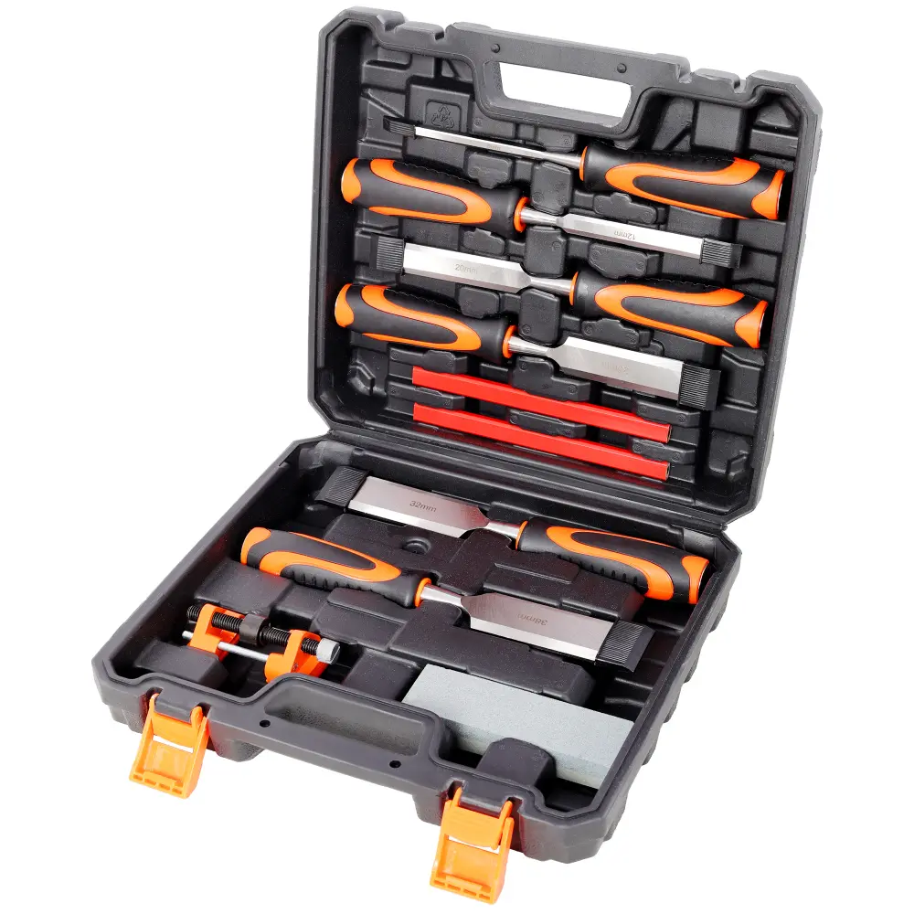 10Pcs Premium Multi-Size Wood Chisel Set for Woodworking Projects & Beginners - 6 Wood Chisels (Inches), 1 Honing Guide, 1 Sharpening Stone, 2 Carpenter Pencils, 45# Carbon Steel Blades for Clean Cuts