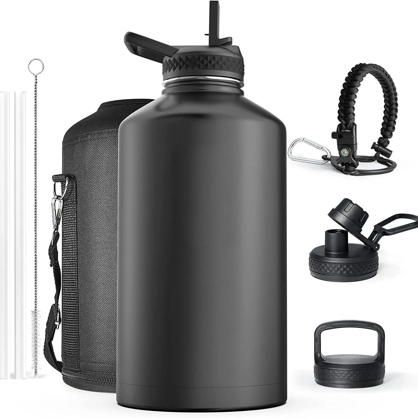 64OZVacuum Insulated Water Bottle - Keep Hot Cold Vacuum Gallon Flasks with Straw & Spout Lids, Paracord Handle, Water Bottler Carrier Holder & Protective Cup Mat, Sports Water Bottles