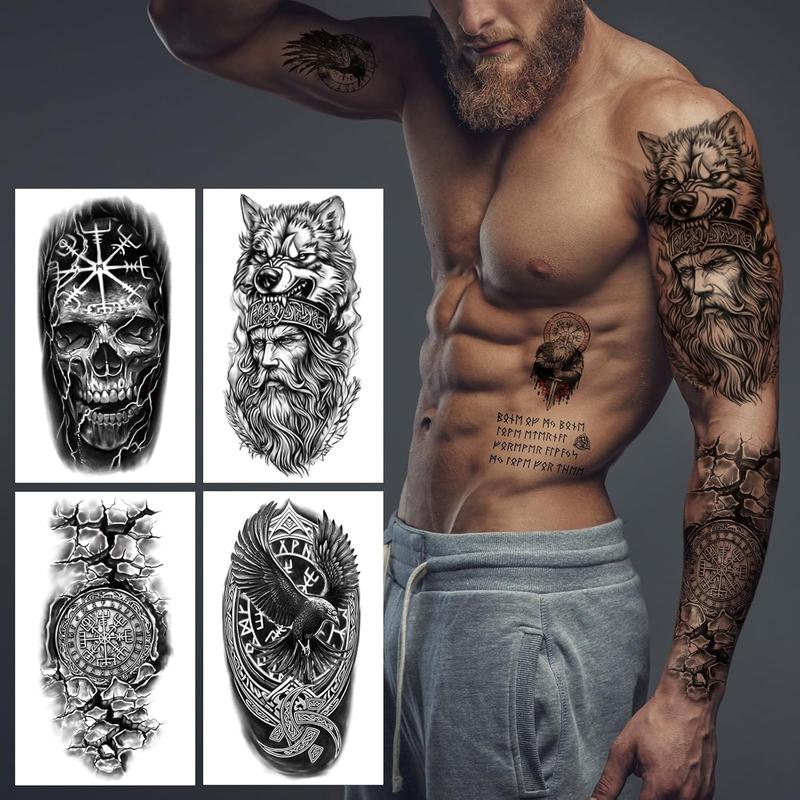 77 Sheets Viking Temporary Tattoos Adult Kids, Viking Pirate Tribal Totem Fake Tattoos Stickers, Nordic Norse Celtic Half Arm Sleeve Tattoos Body Art for Women Men