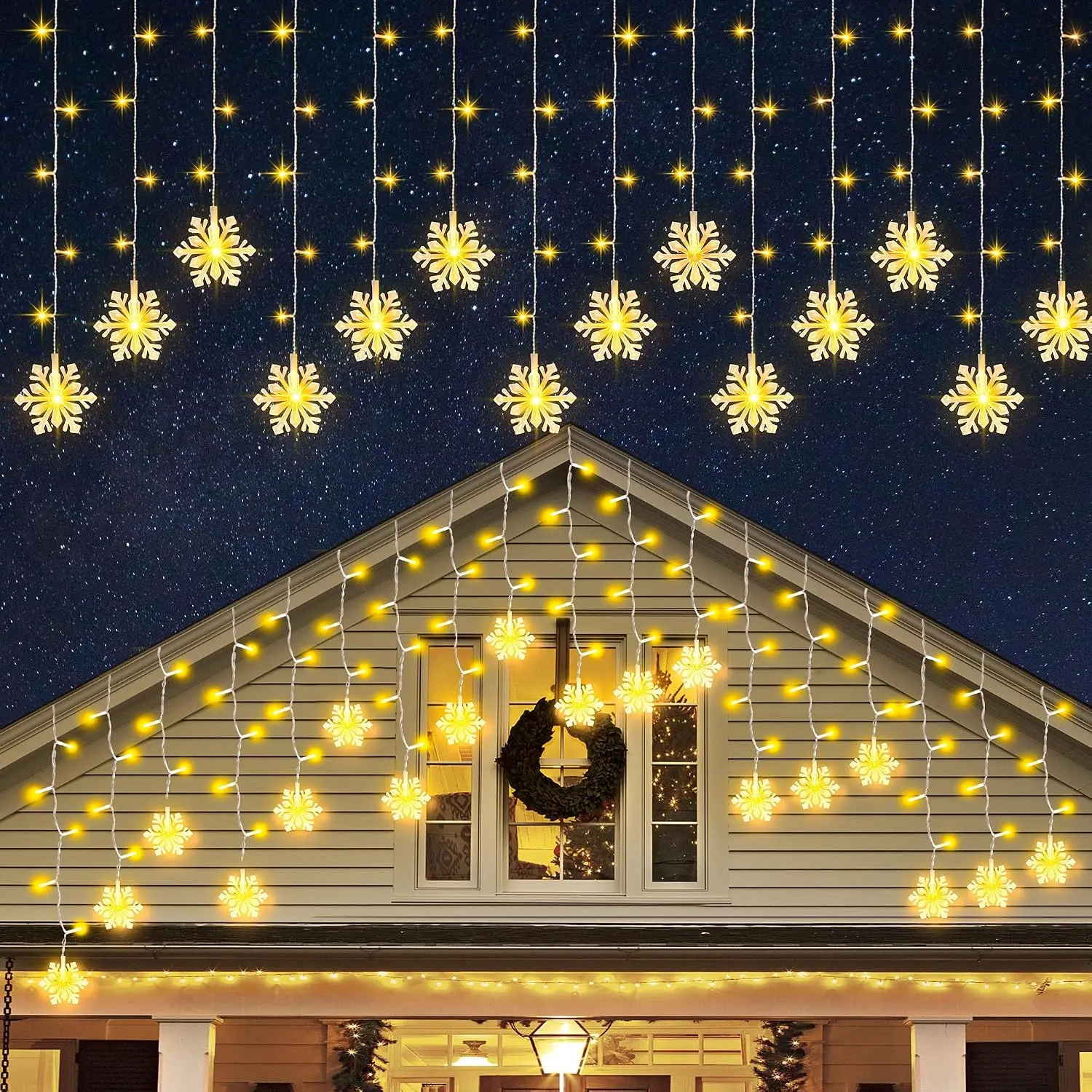 150 LED Christmas Icicle Lights with Snowflakes,  Snowflake Light with 8 Modes, Connectable Warm White Icicle Lights for Outside, Roof, Window, Holiday Party Decor