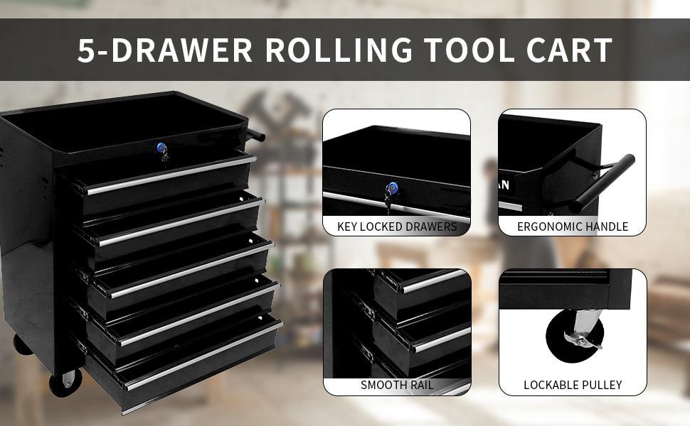 5-Drawer Rolling Tool Box, Tool Chest with Wheels, Tool Cart with Protective Liner&Sliding Drawers&Side Handle, Lockable Tool Storage Cabinet for Garage, Warehouse, Workshop, Repair Shop