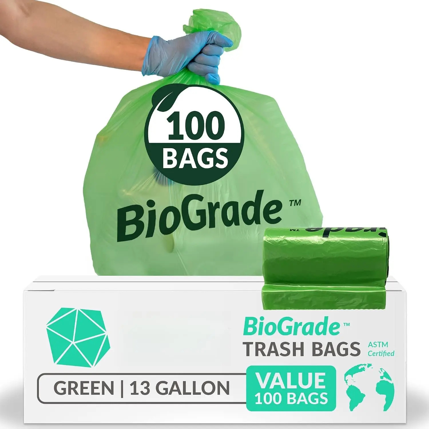 13 Gallon Trash Bags | 100 Count | Green | ASTM D6954 |  | Oxobiodegradable Under Certain Conditions (See Product Description) | Leak-Proof