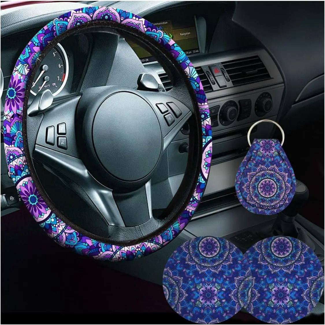 4 count Mandala  Lotus  Accessories Set,  14-15 Inch Steering Wheel Cover & Quarter Keyring & 2 Cup Holder Coasters, Fashionable  Interior Decoration for Women Men ( Mandala)