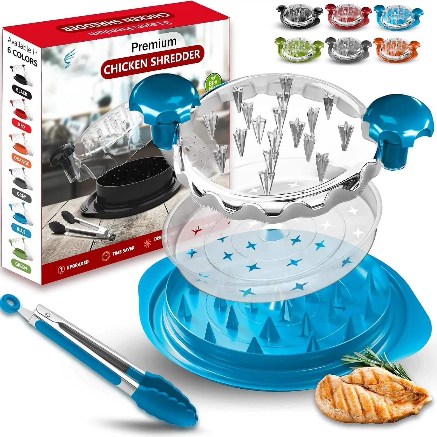 Chicken Shredder Tool Twist Large – 10.2 Inch Non Slip Meat Shredder with Removable Tray- , Dishwasher Safe, Heat Resistant Chicken Breast Shredder with Handle & Serving Tong