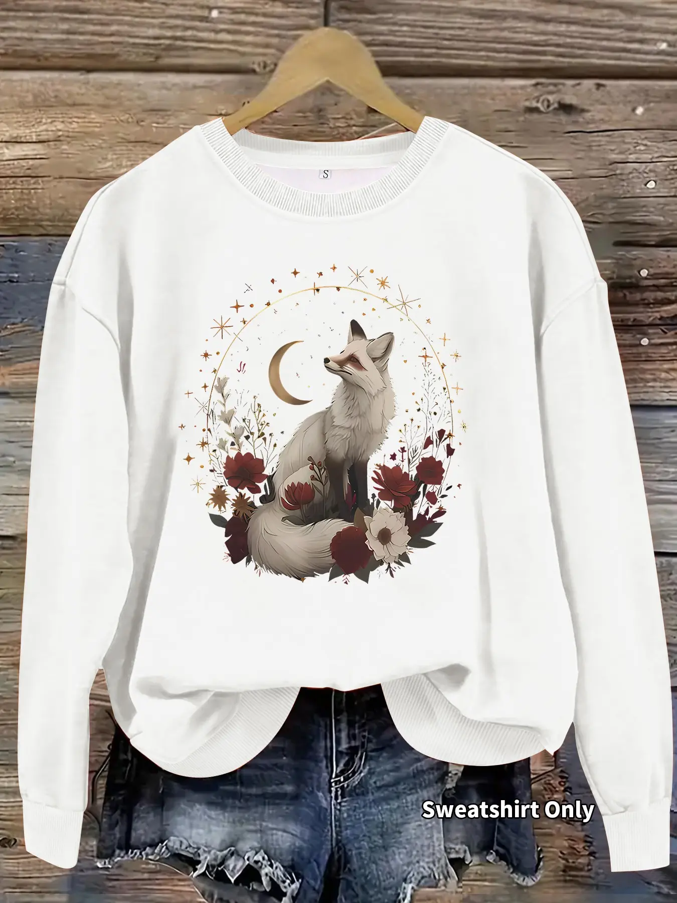 Women's Fox Print Round Neck Fleece Sweatshirt, Casual Long Sleeve Top, Medium Stretch, All-Season Comfort