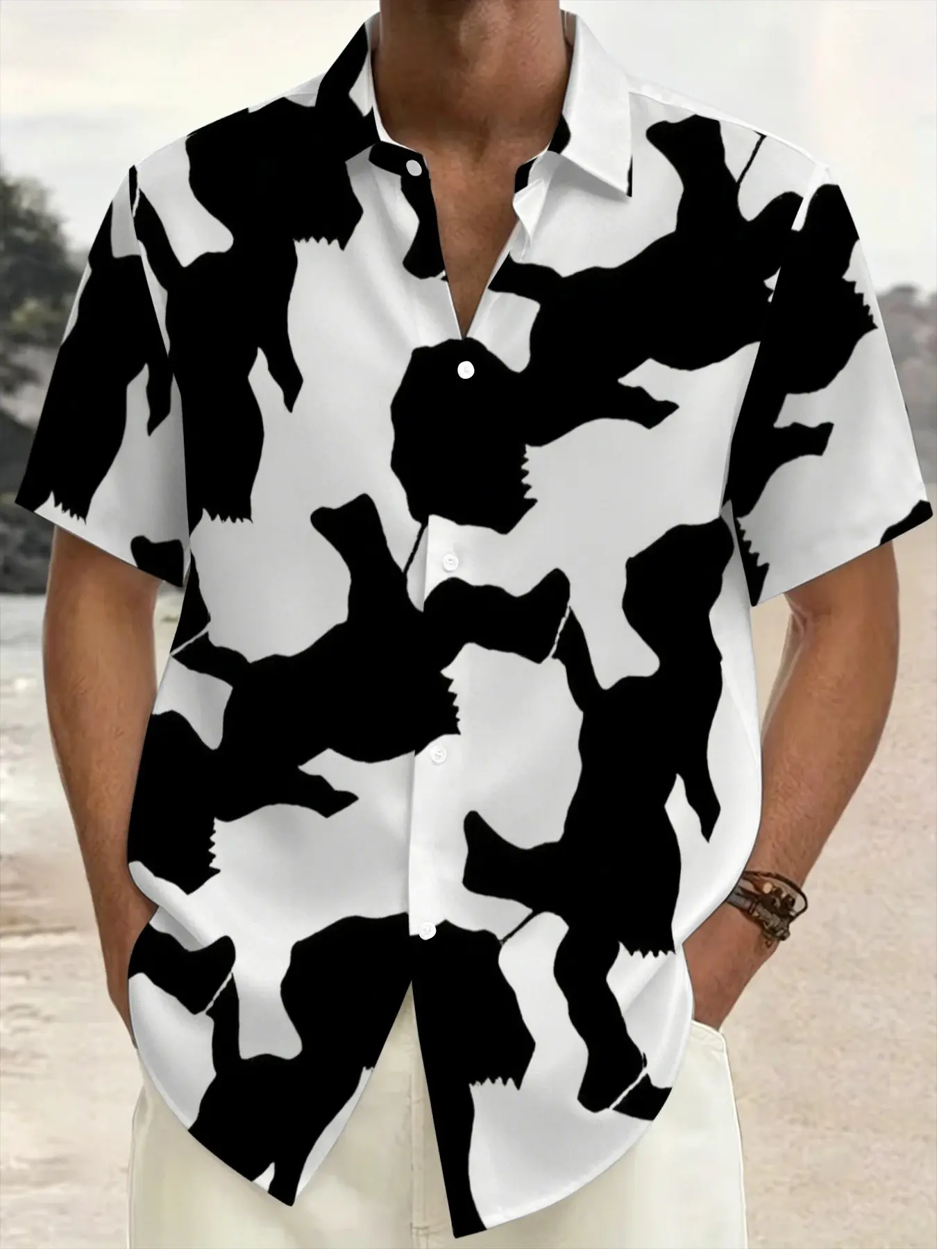Men's Large Size Button Shirt, Patchwork, Unique Design, Casual Office Wear, Short Sleeve, Slim-Fitting, Four-Way Stretch