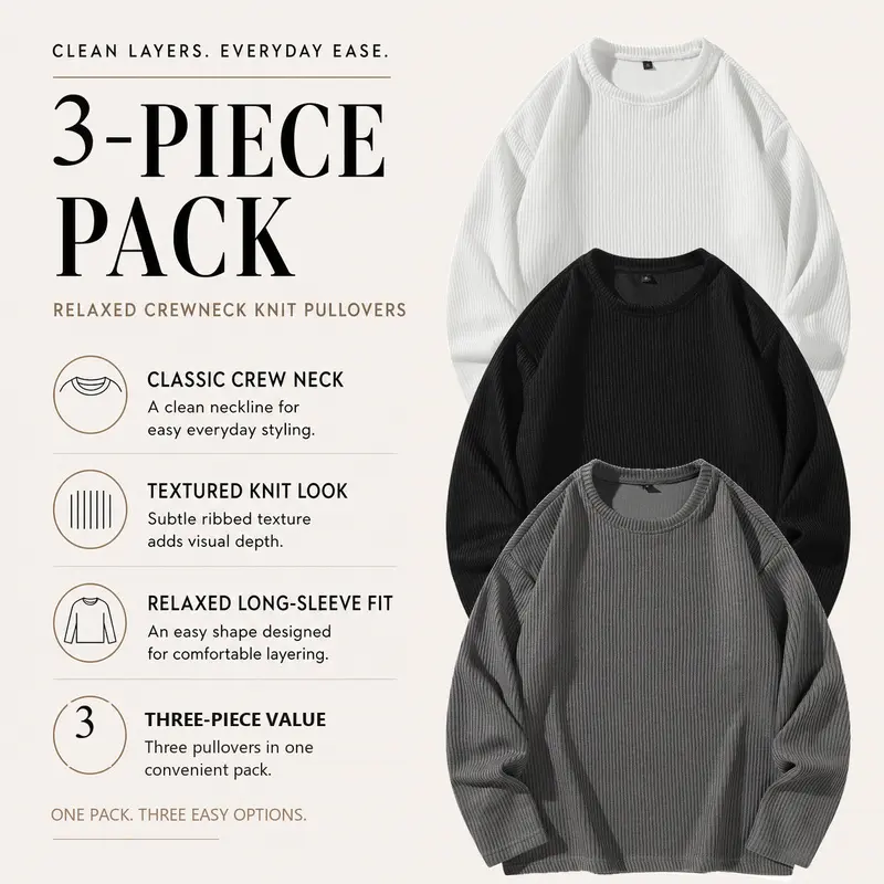 Men's Oversized Crew Neck Ribbed Knit Pullover Sweater, 3-Pack Mixed Assorted Colors, Long Sleeve Textured Knit Top, Sizes S-XXL, Everyday Casual Layering Multipack, New Template 011