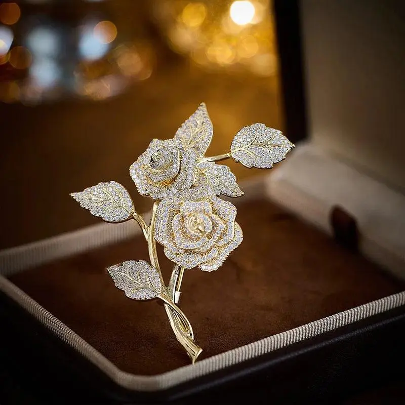 Women's Luxury Brooch - Bouquet-Shape Zircon Flower Lapel Pin, 4.8x5.6cm Elegant Rhinestone Jewelry for Wedding Party Gifts