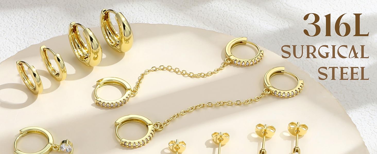 MILACOLATO 6Pairs Gold/Silver Earrings for Women Hypoallergenic Earrings Surgical Steel Cubic Zirconia Stud Huggie Hoop Cartilage Earring Set Chain Dangle Helix Hoop Earring Stack for Multiple Piercings