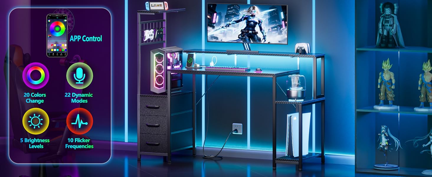 48 Inch Gaming Desk with LED Lights & Power Outlets,Computer Desk with Fabric Drawers & Side Hook,Reversible Gamer Table with Monitor Stand for Game Room,Home Office,Carbon Fiber Black