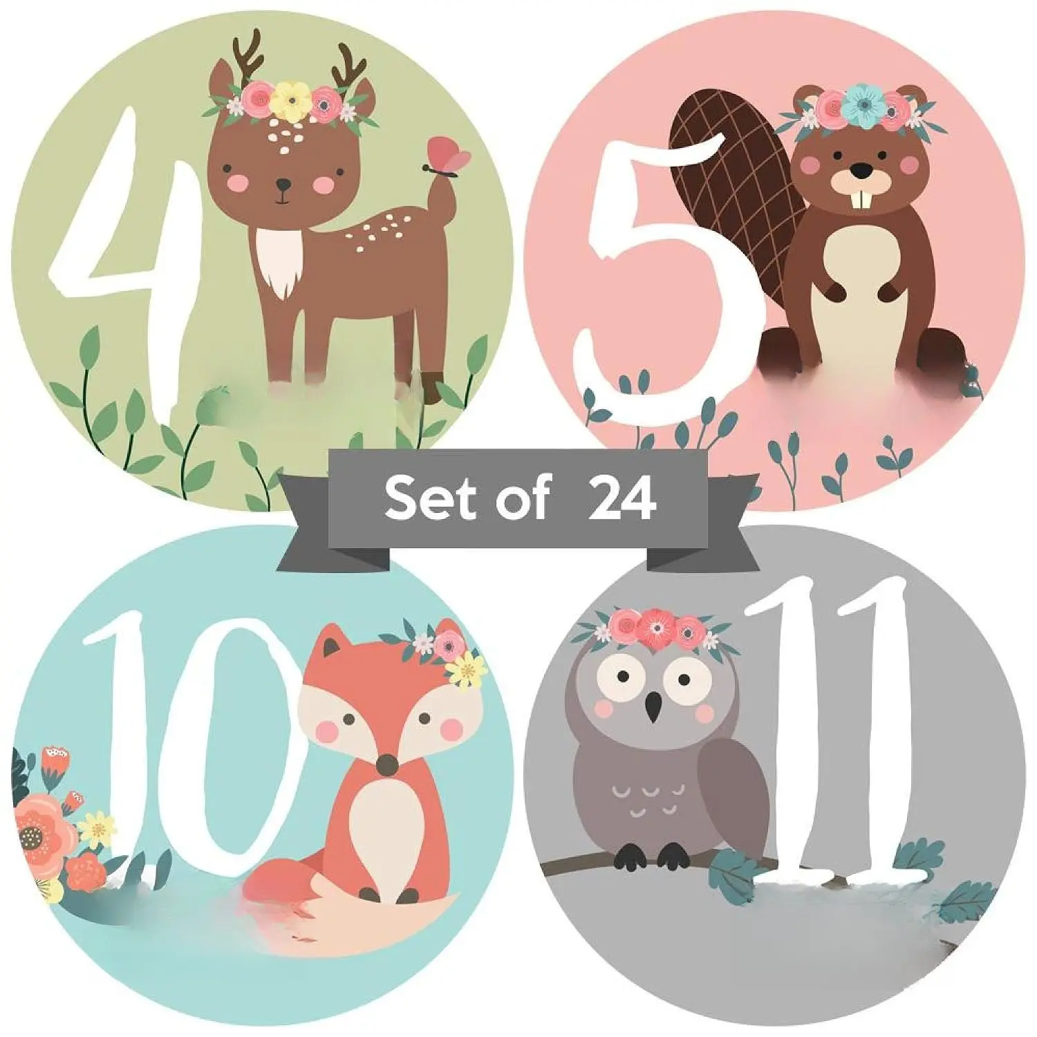 Monthly Milestone Stickers - Set of 24 - Girl Woodland  | Cute Floral Woodland  Monthly Milestone Stickers For Girls - 24 Photo Props - For  Shower gifts &  Photos