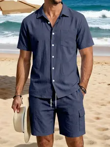 Men's Linen Two-Piece Set, Tropical Summer Casual Short Sleeve Blouse + cargo shorts, Loose Fit Breathable Comfort, Beach Vacation Sports Wear