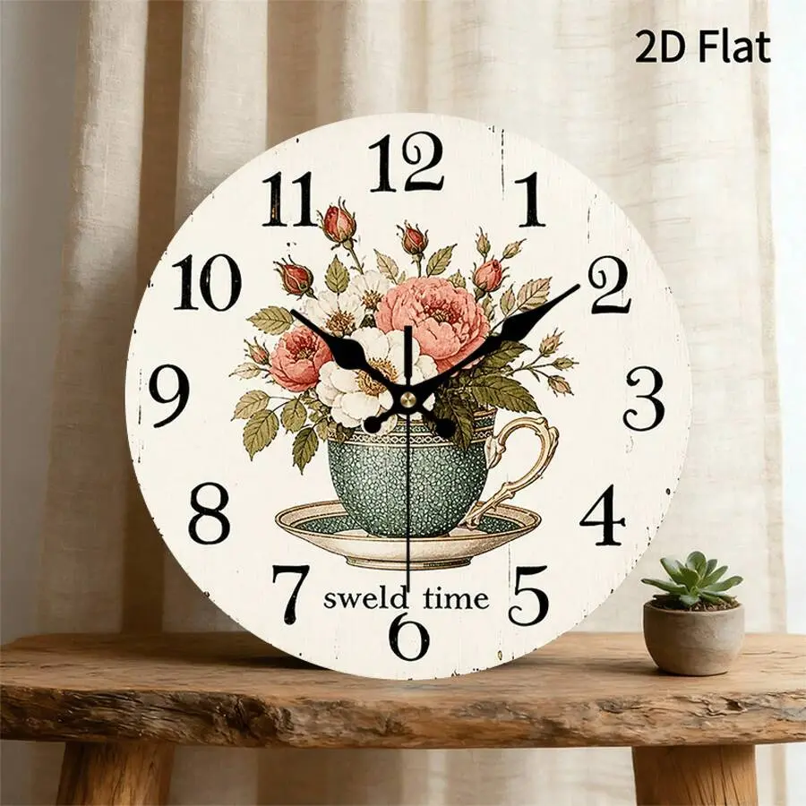10/12 in Vintage Pink Rose Floral Teacup Wall Clock - Easy Assembly, Shabby Chic Cottage Home Decor