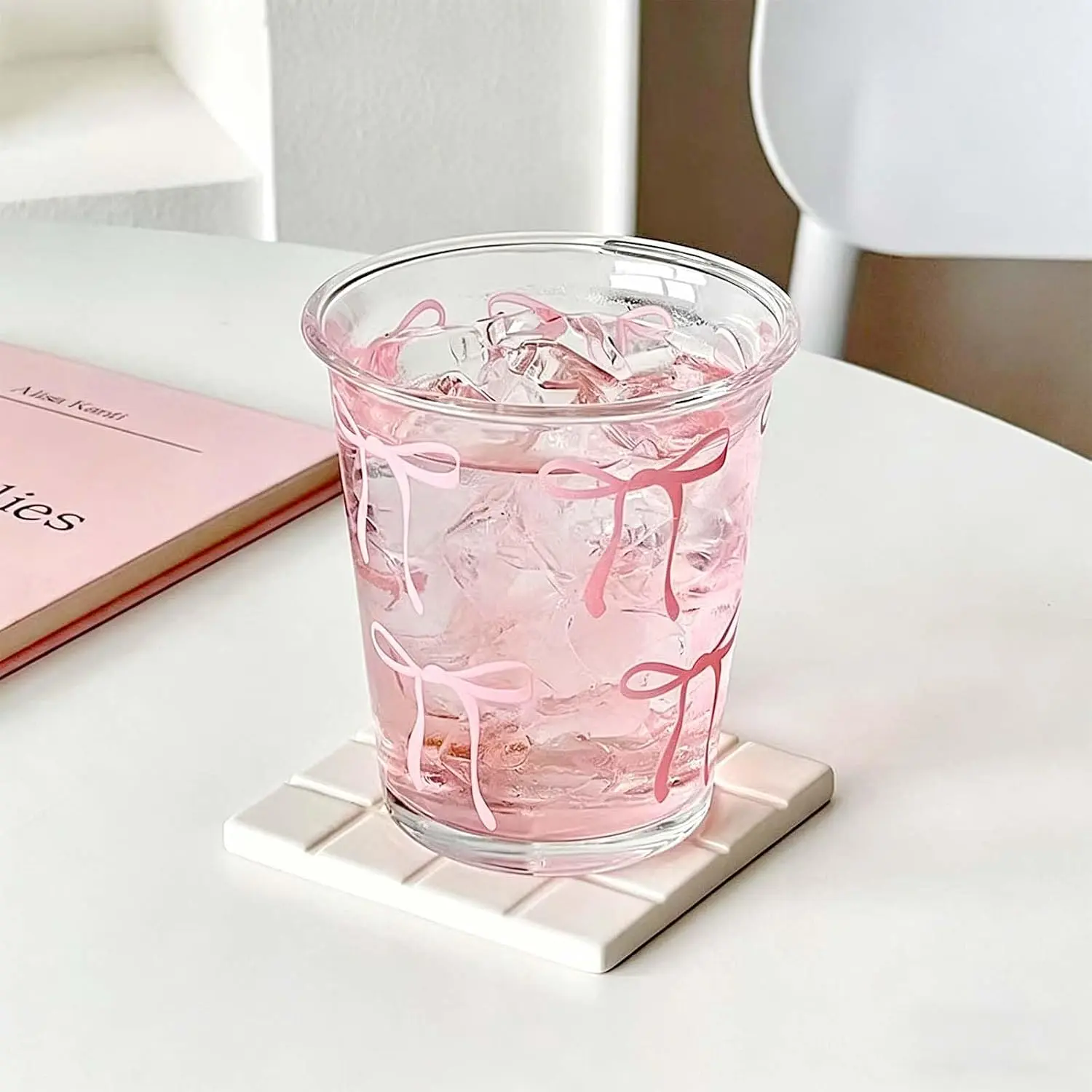 Bow Glass Cups, 14oz Cute Aesthetic Bow Glass Cups for Iced Coffee, Matcha, Milk, Juice,, Valentines/Birthday  for Women & Teen Girls