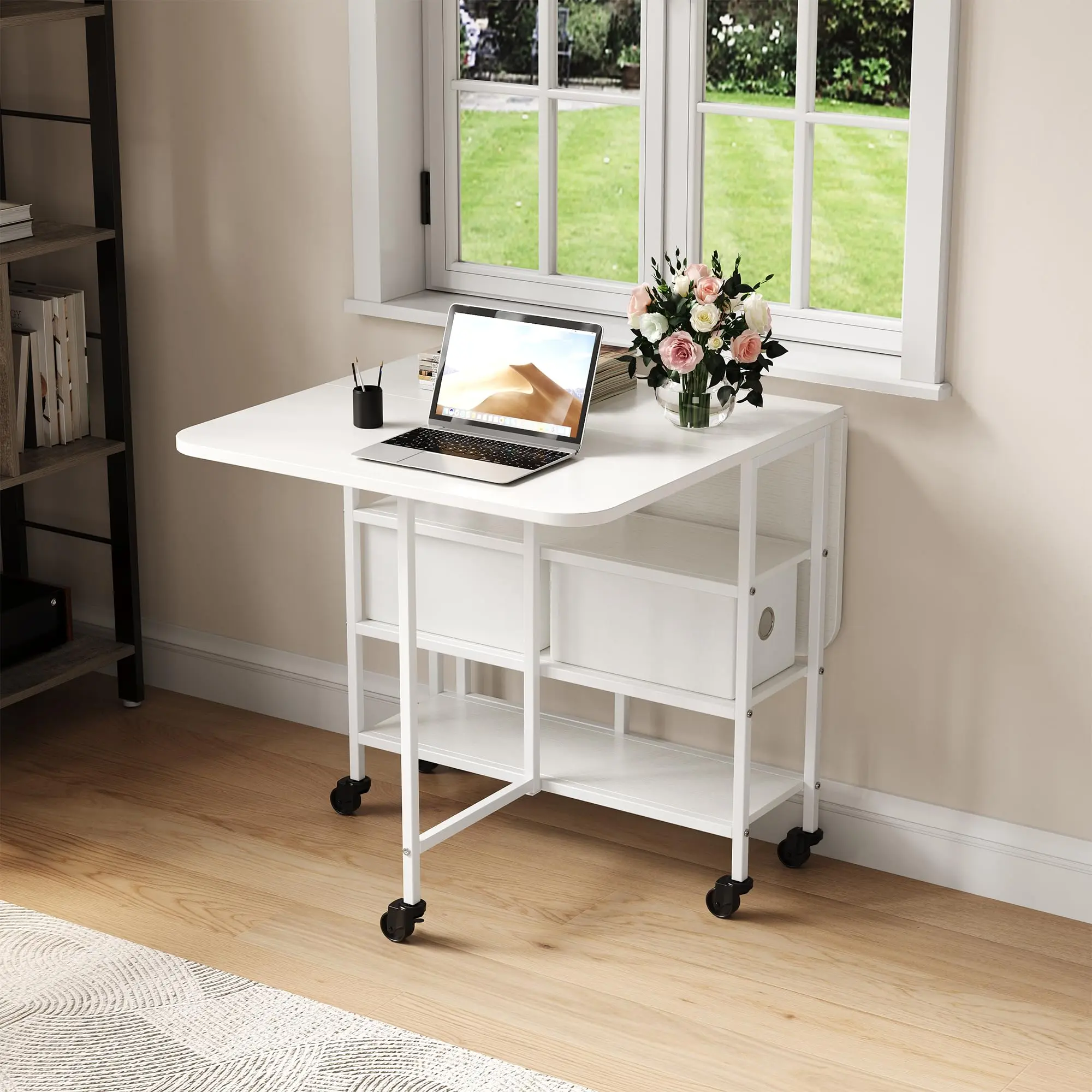 Rolling Drop Leaf Dining Table with Storage Drawers - Collapsible Extendable Space-Saving Kitchen Island Table on Wheels for Small Spaces