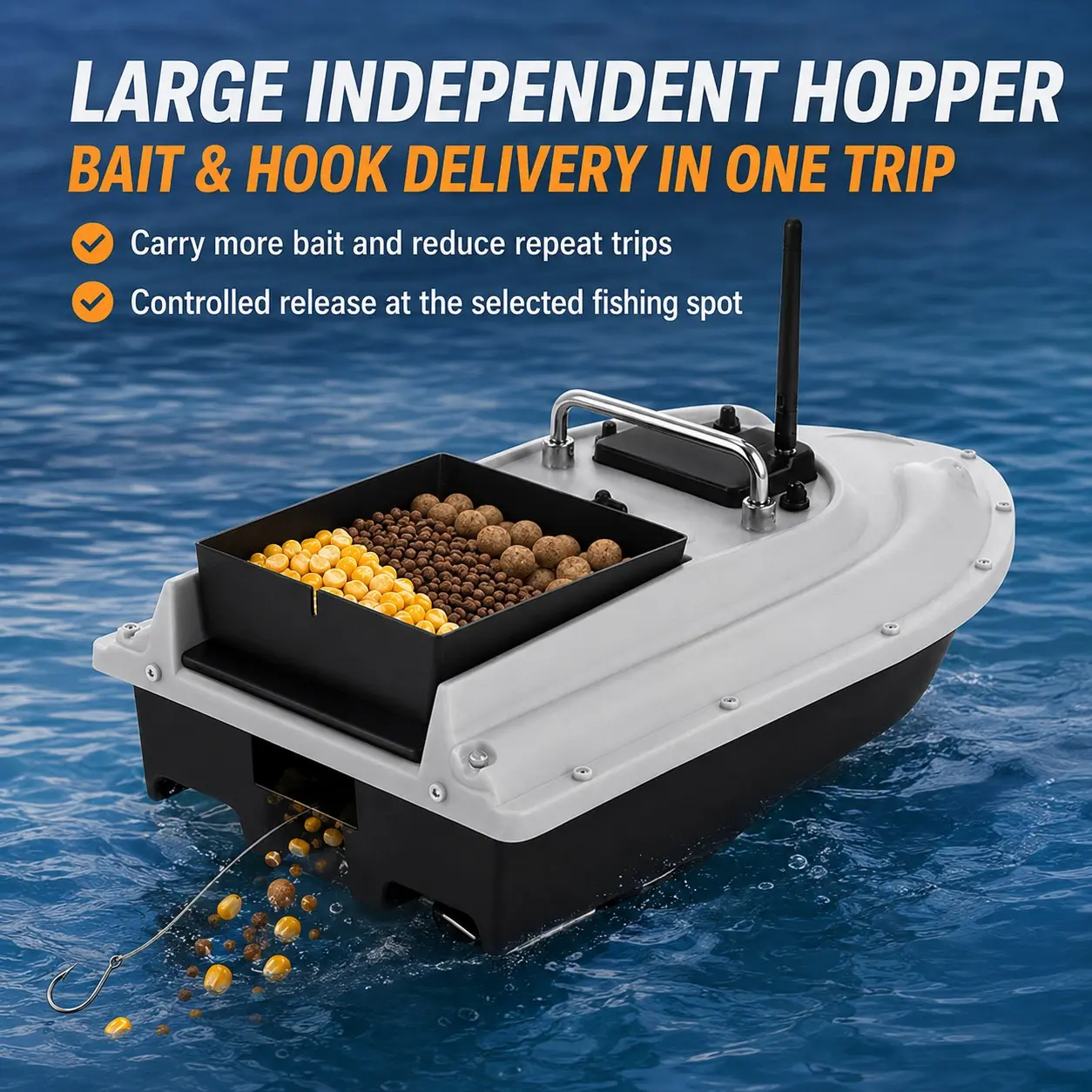 Fishing Tool Bait Boat, Sends Bait 500m Into Water, Large Capacity Bin Holds 2kg Bait, 13500mah Battery, Single Compartment Design