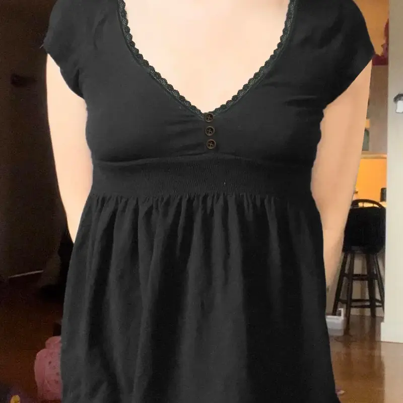 Vintage Lace Trim V-Neck Button Front Waist Cinched Wrinkle Retro Pure Desire Top T-Shirt Black Y2K Aesthetic Fashion