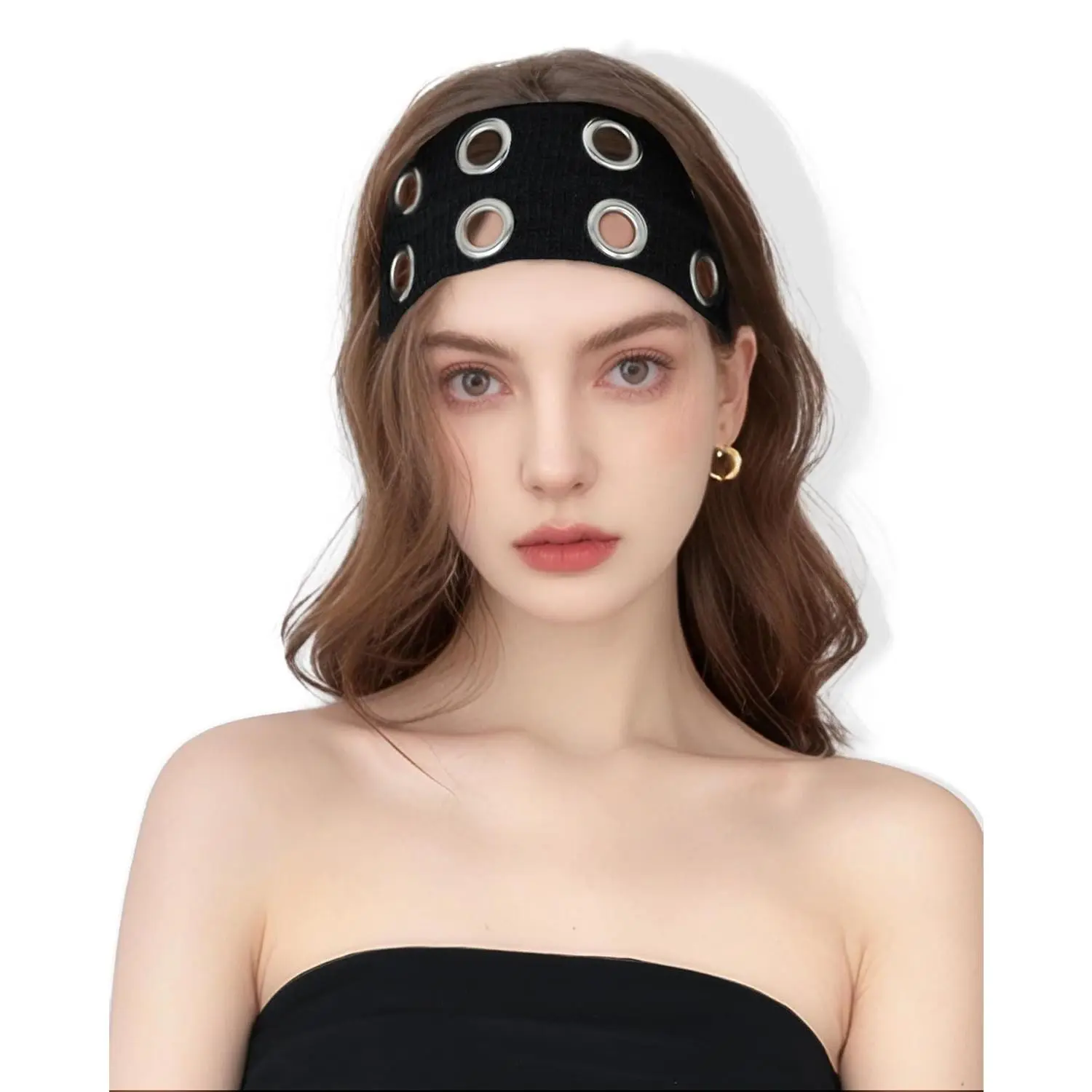 Grommet Headband for Women, Wide Black 20cm Hollow Out Elastic Hair Band, Eyelets Punk Grunge Stylish Hairband