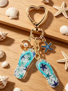 Blue Starfish Sandal Pearl Shell Keychain, Fashion Alloy Keychain, Backpack Accessory, Car Keychain, Women's Daily Wear, Couple Gift, Beach Party Gift