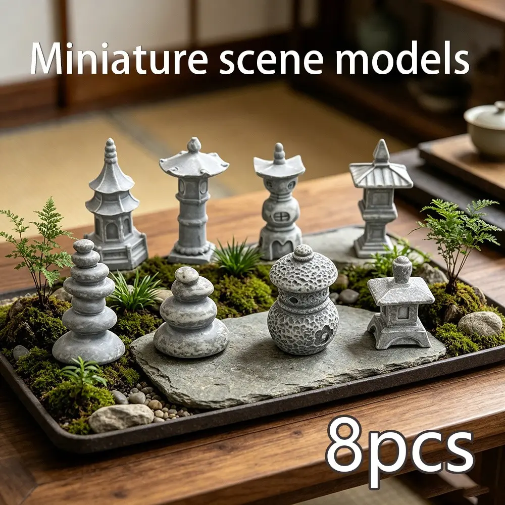 8pcs Mini Architecture Figurine Kit, Traditional Pavilion & Stacked Stone Miniatures, Sand Table Desktop Decor, Micro Landscape Layout Accessories