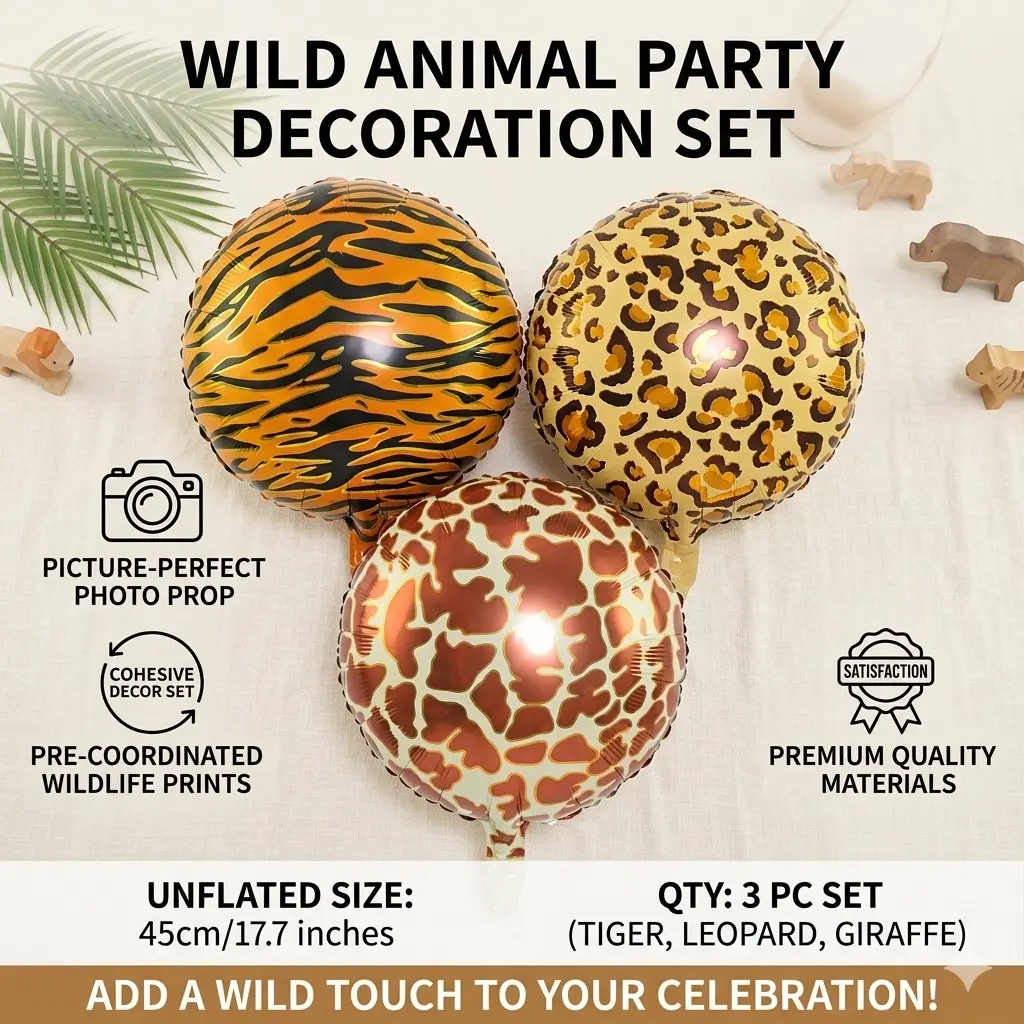 Animal Print Party Balloon Set, 45cm Tiger Leopard Giraffe Aluminum Foil Balloons, Wild African Theme Birthday Decor, Festival Setup, Photo Props