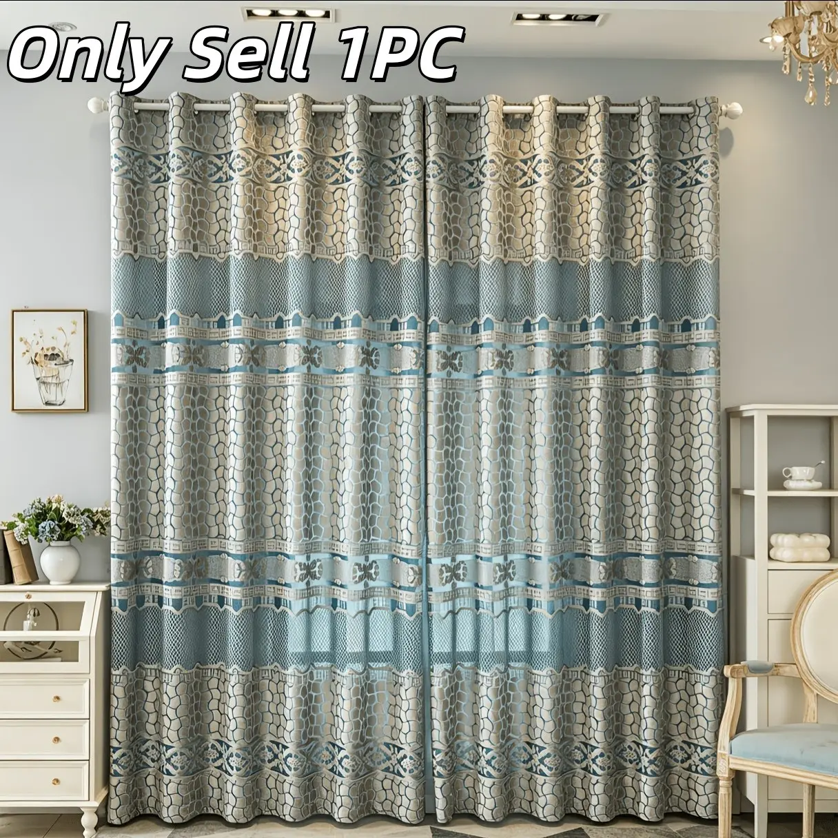 1PC Polyester Blue Striped Semi-Sheer Curtain, Living Room Bedroom Window Treatment, Home Kitchen Decor, 1 Piece