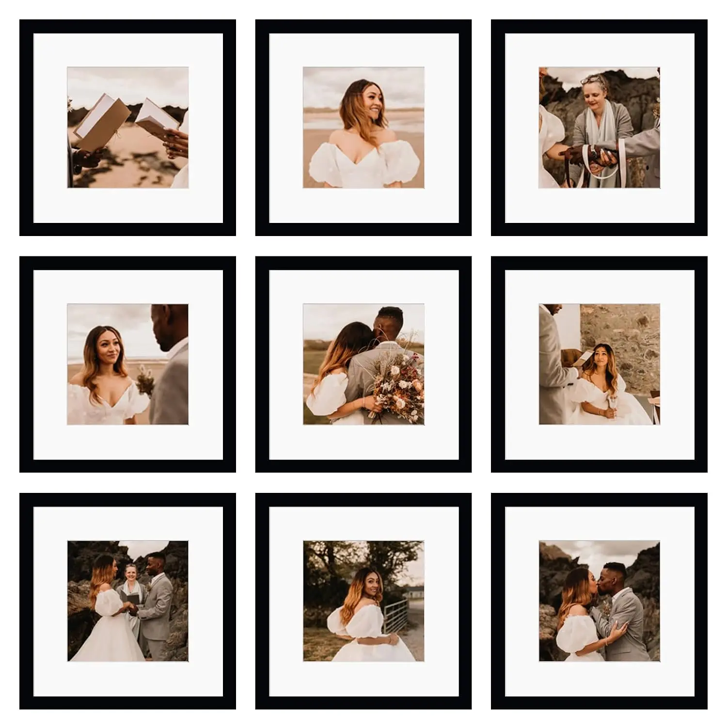 New 12x12 Picture Frame Set Of 9, Display Pictures 8x8 With Mat Or 12x12 Without Mat, Multi Collage Gallery Square Photo Frames For Wall Or Tabletop, Black