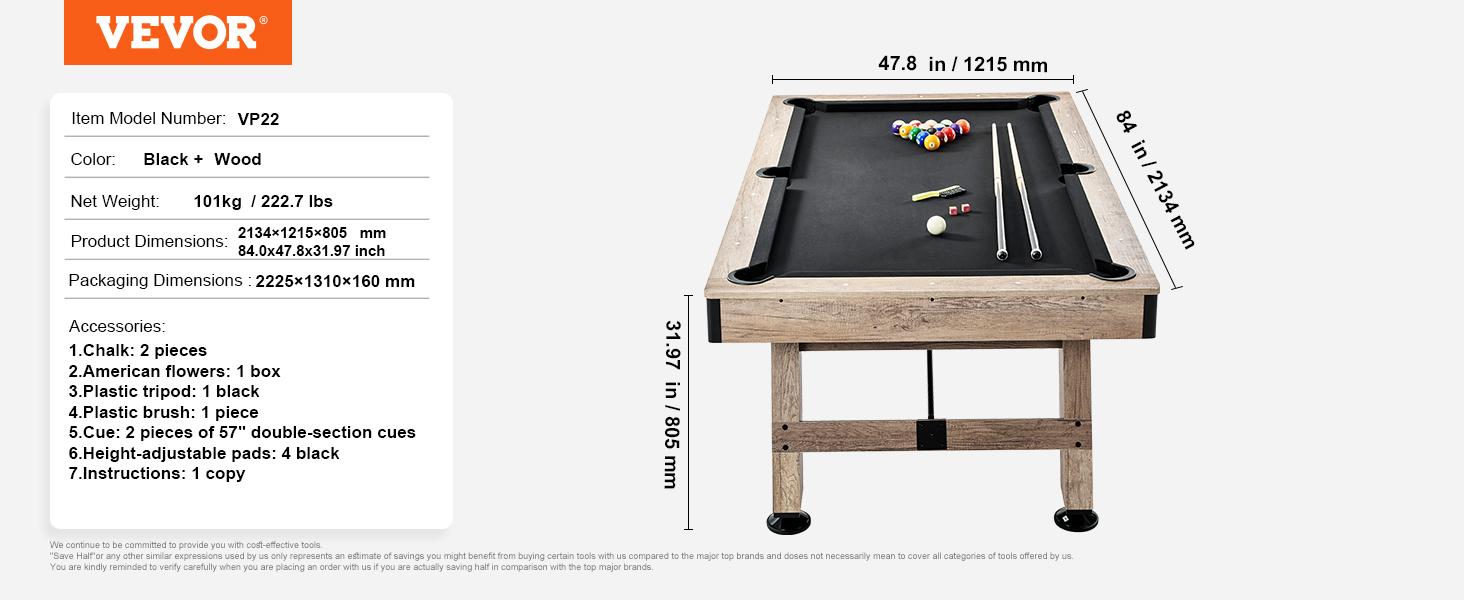 VEVOR Billiards Table, 7 ft Pool Table, Adjust Legs Stable Billiards Table, Pool Table Set Includes Balls, Cues, Chalks and Brush, Wood Color with Black Cloth, Perfect for Family Game Room Kids Adults