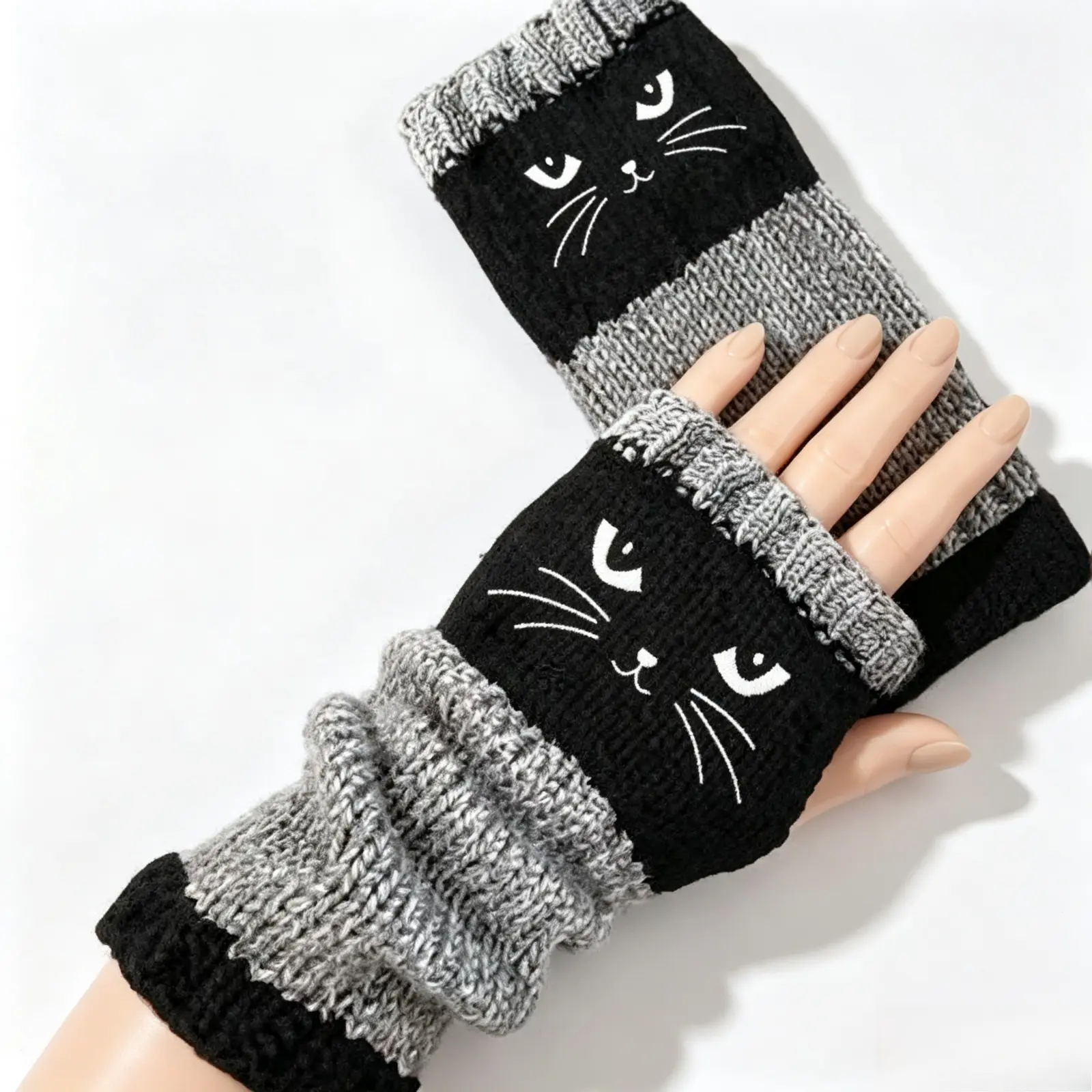 Cute Cat Fingerless Gloves for Women Winter Knit Arm Warmers Kawaii Half Finger Mittens Thick Warm Wrist Warmer Sleeves for Typing Texting Driving