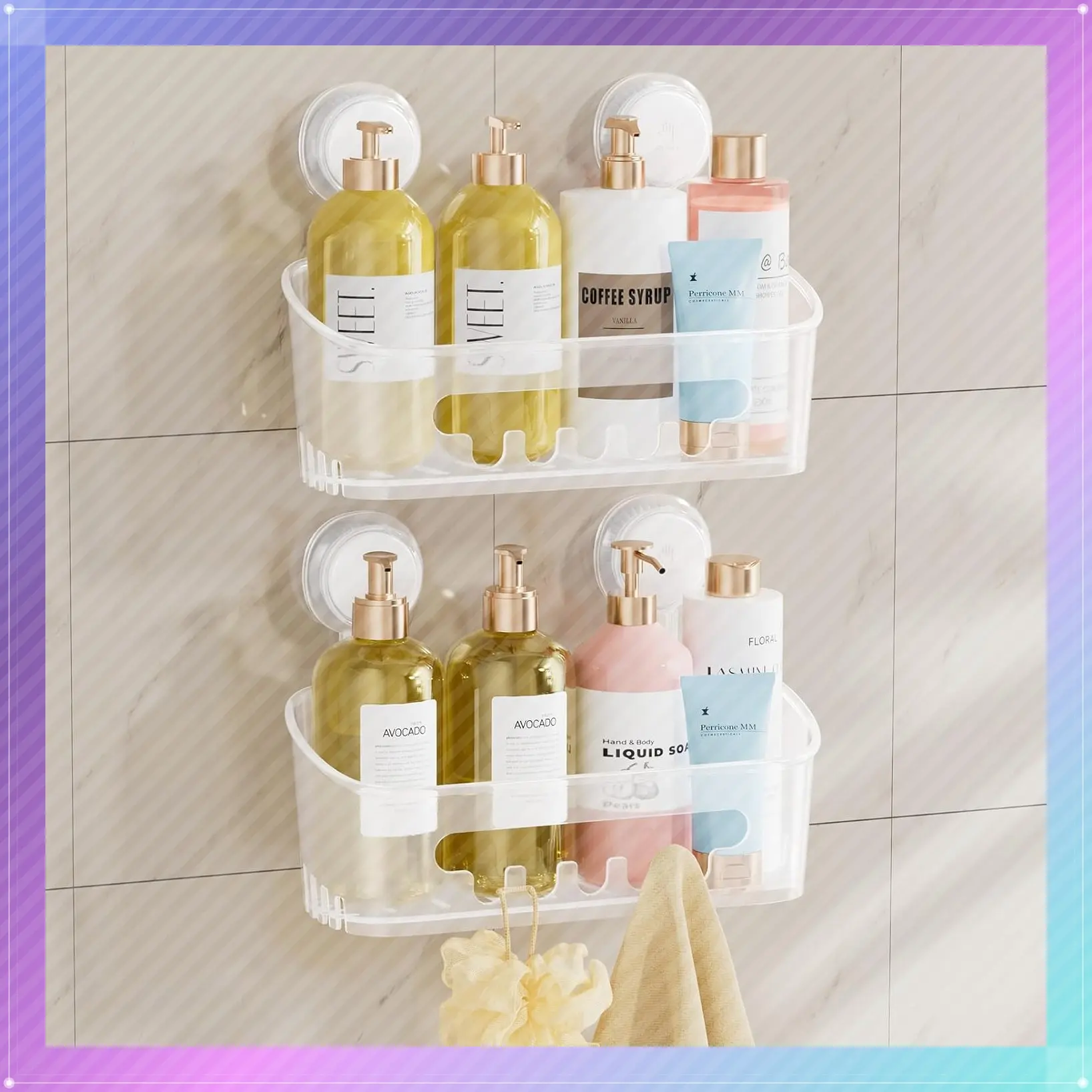 Frosted Clear Suction Cup Shower Caddy, Bathroom Organizer Shelves, 2 PackGift