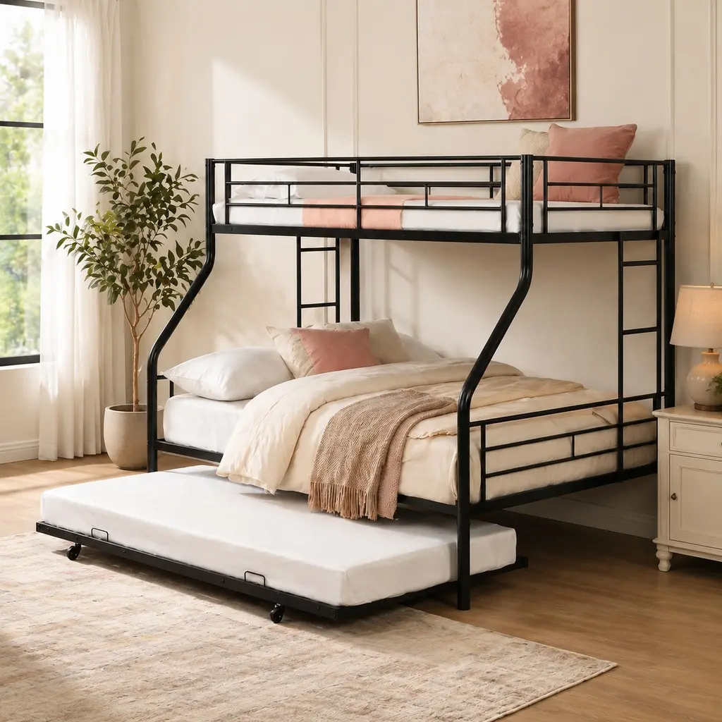 ARCH Furniture Metal Frame Twin-Over-Full Stacked Bunk Bed with Trundle, Modern Finish, No Box Spring Needed, Space-Saving, Easy Setup, 78.7L x 56.3W x 56.3H in, 110 lbs, Ideal for Kids' Rooms (Maximizes Underbed Space)