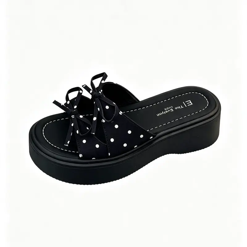 Women's Polka Dot Double Bow Wide Strap Platform Slide Sandals Open Toe Slip On Backless Non Slip Cloud Cushioned Arch Support All Day Walking Comfort Y2K Coquette Summer Beach Daily Footwear White Light Blue Black Three Pastel Tones Bowknot Sandals