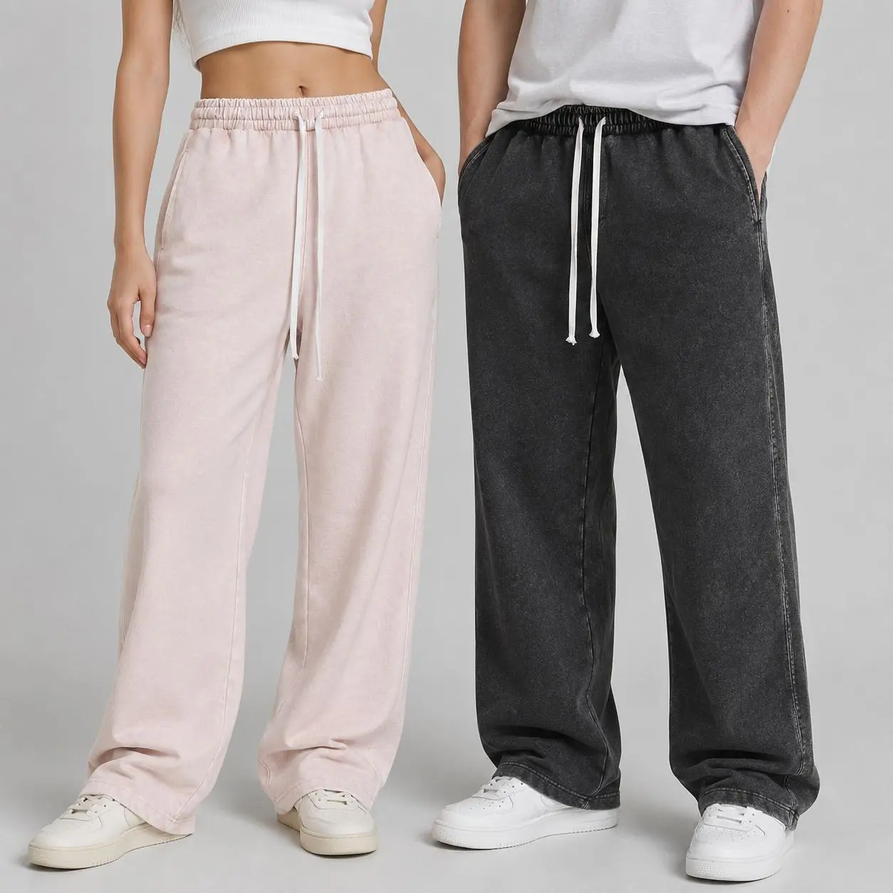 Acid Wash Lounge Pants Bundle Wide Leg Sweatpants Elastic Waist Long Drawstring Side Pocket Casual Trousers Unisex Vintage Streetwear Multiple Colors