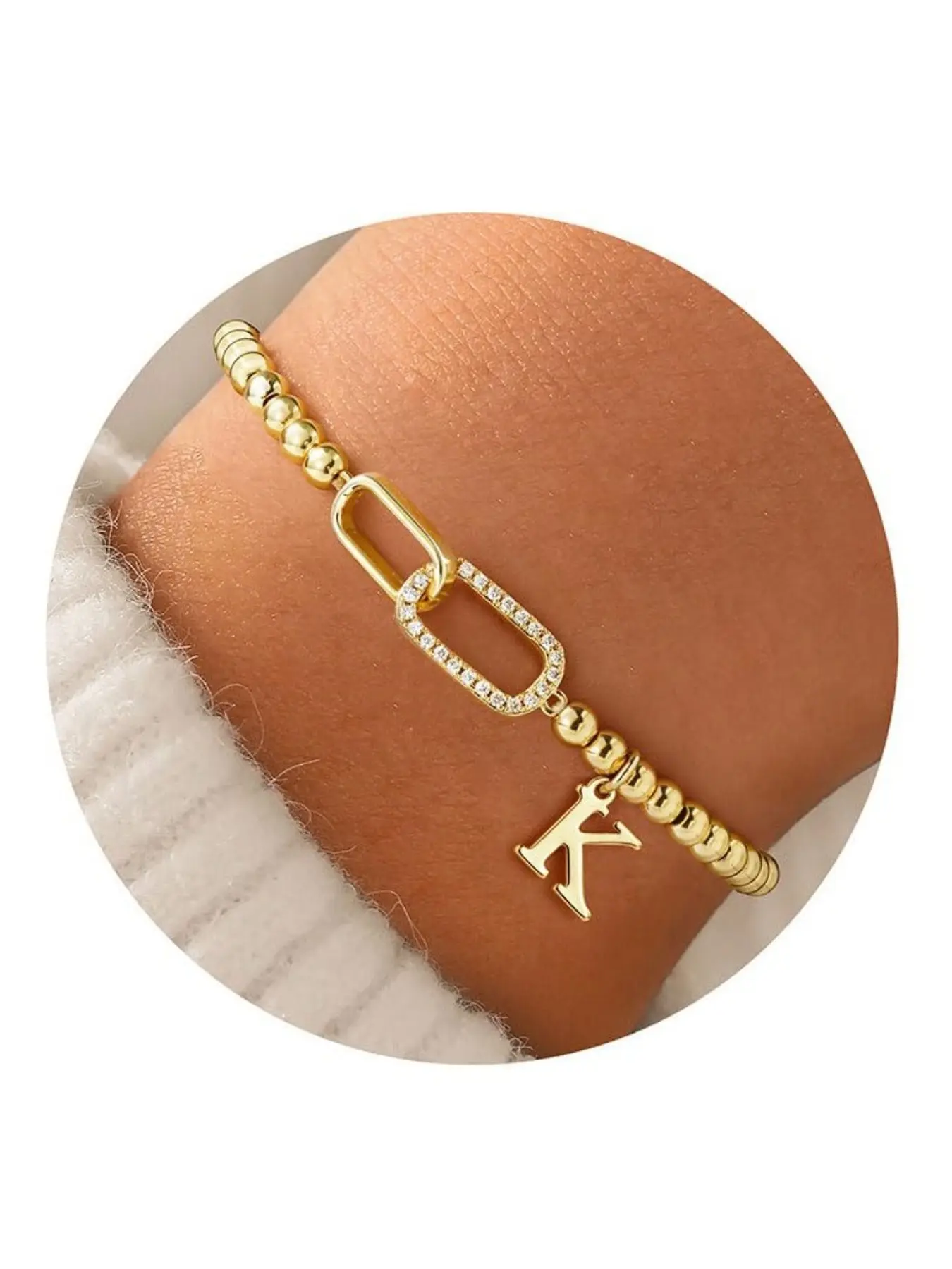 Beaded Initial Bracelets for Women, Letter Stretch Bracelets, Copper Metal Jewelry with Cubic Zirconia Interlock Circles, Trendy Stretch Beaded Bracelets, Ideal Birthday Gift for Women