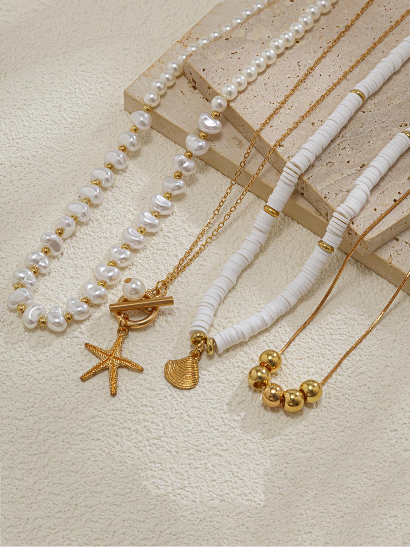 Boho Style Faux Pearl & Starfish & Shell Decor Necklace, Fashion Jewelry for Party, Daily Clothing Decor, Trendy All-match & Exquisite Jewelry for Birthday Gift, Dangling Charms Necklace