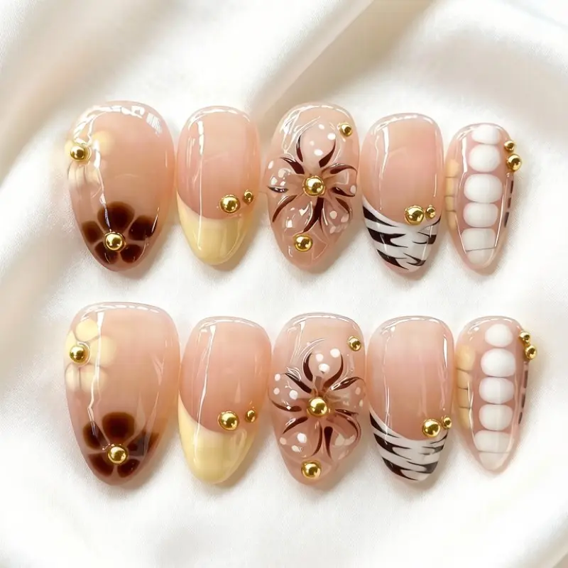 10Pcs Short Almond Handmade 3D Flower Press on Nails Spring Summer Nails | Buttercream French Tip with Gold Bead Accents Acrylic False Nails for Women Date Night Daily Wear Reusable Diy Nail Art Nail Kit Stylish Acrylic Nails Nail Designs