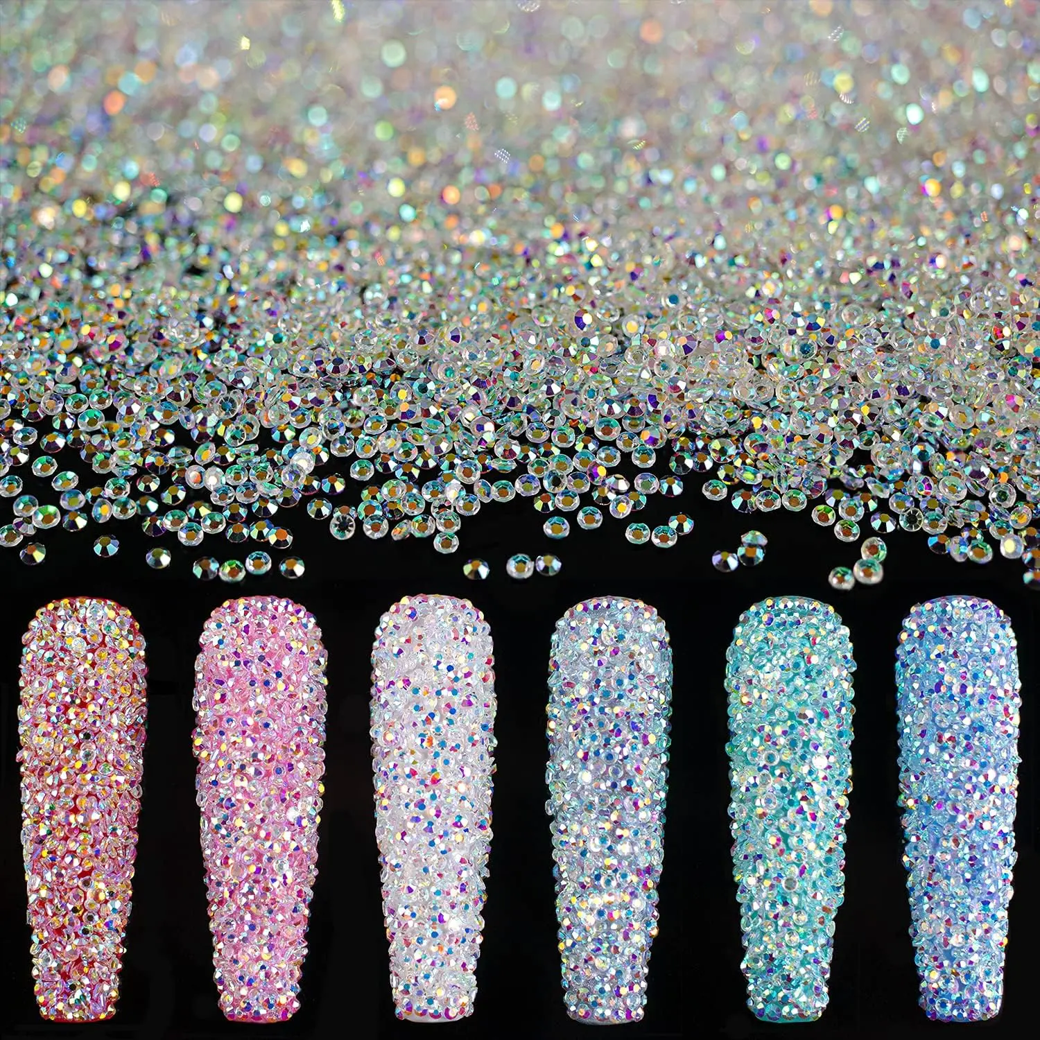 15000-Pcs 1.2mm AB Iridescent Glass Nail Art Rhinestones, Long-Shine Ultra Mini Crystals with Use Trays, Large Pack Cosmetic Glitter Glass Beads for Manicures, Rainbow Shimmer Embellishments