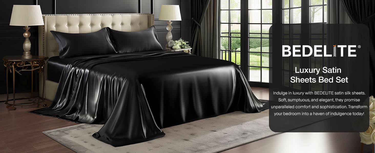 BEDELITE Satin Sheets Bed Set Luxury Soft Ivory White Summer Edition Reversible Microfiber Bedding  Full Queen King Sizes Deep Pocket Fitted Sheet for Hair and Skin Care Valentine's Day gift