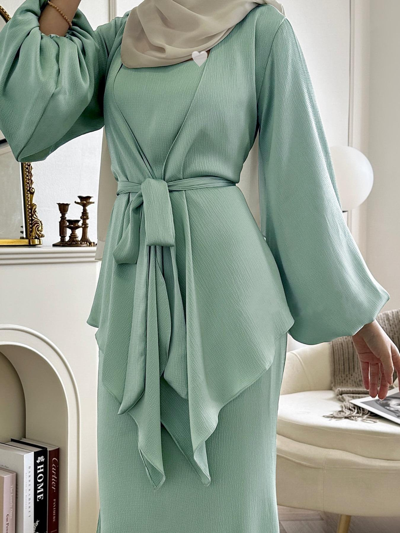 Two-Piece Set Women's Plain Lantern Sleeve Asymmetrical Hem Belted & Tank Dress Islamic Set, Abaya Hijab Set, Modest Casual Two Piece Outfits for Daily Outdoor Wear, Ladies Clothes for All Seasons