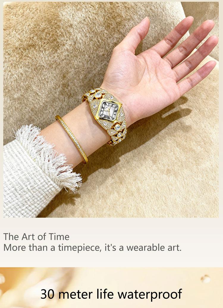 Women's Luxury Gold Iced Out Diamond Bracelet Watch - Square Mother of Pearl Dial with Roman Numerals, Fully Bling Crystal Encrusted Quartz Wristwatch, Perfect Gift for Her