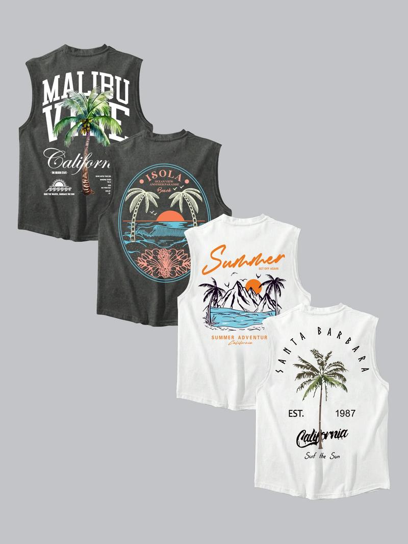 Men's Letter & Tropical Print Round Neck Tank Top, Regular Fit Casual Sleeveless Crew Neck Vest for Summer, Men's Top for Daily Wear, Sleeveless Tank Tops