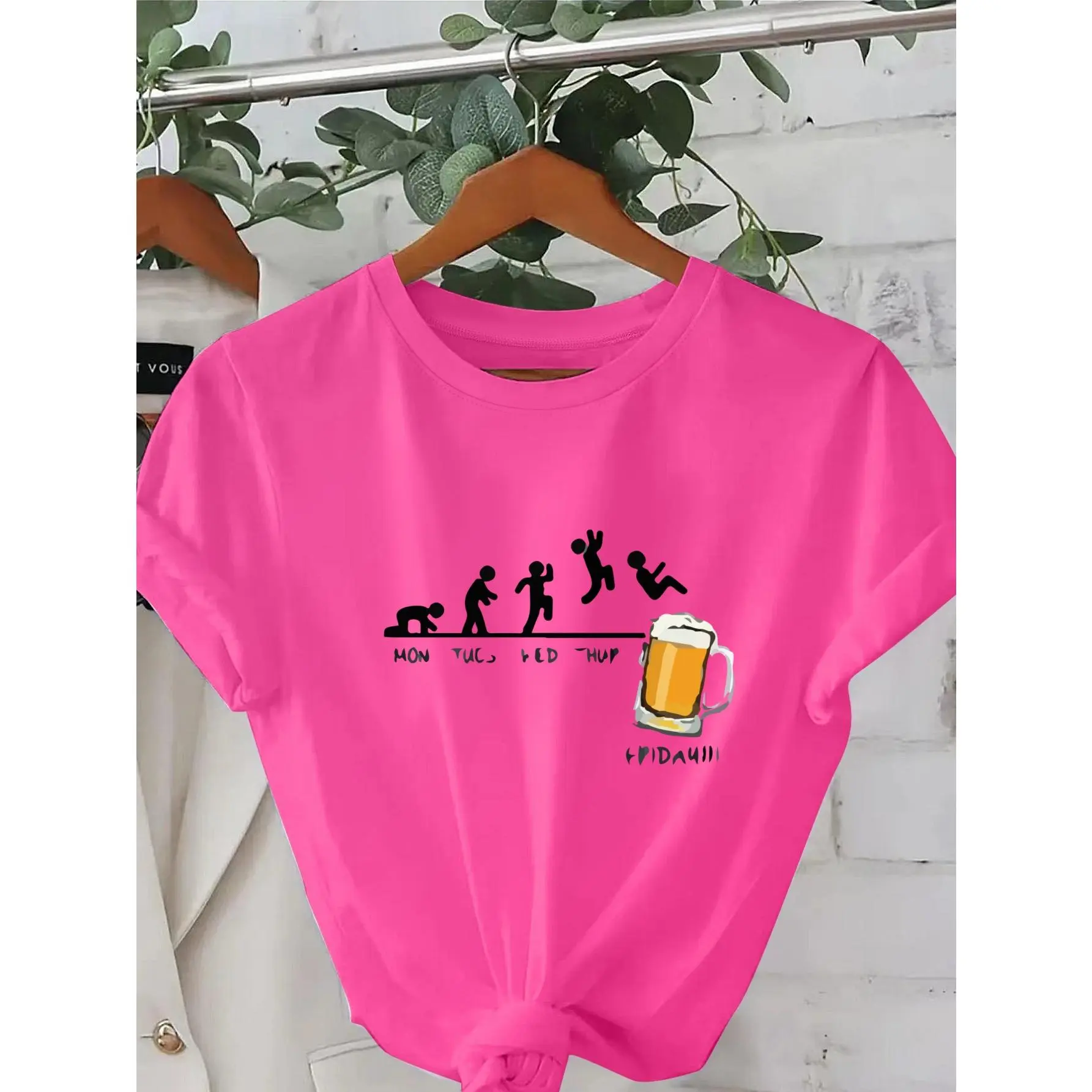 Women's Funny Monday to Friday Weekend Party Graphic T-Shirt - Bright Pink Casual Crewneck Tee for Weekend Outfits, Parties & Casual Attire - Machine Washable Women's Top, Ladies Tshirts, Leisure Clothing, Playful Design, Soft Fabric, Trendy Top usa flag