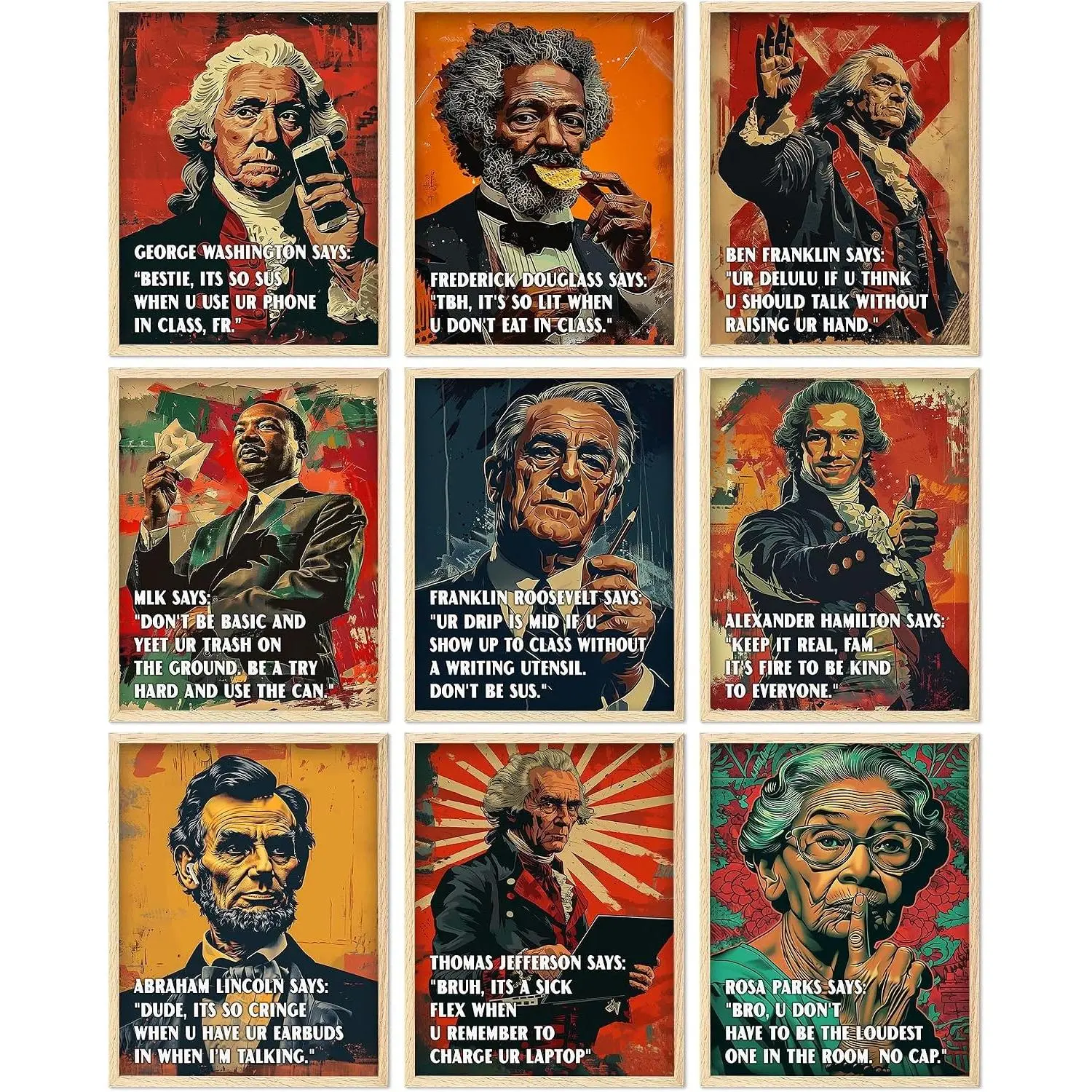 Funny U.S. History Classroom Rules Posters - Set of 9 Unframed 11x14 American History Wall Art | Social Studies Classroom Decorations for Teachers | Bulletin Board Decor