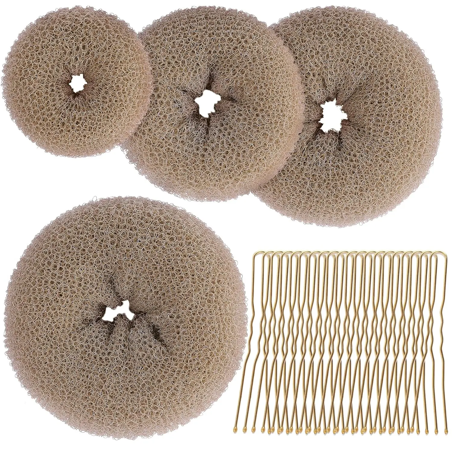 Women's Heatless Plastic Hair Bun Shaper Set - 4pcs Hair Donut Bun Makers (Extra-Large, Large, Medium, Small) with 20pcs Bobby Pins, Tan Brown for Adults