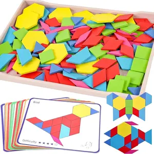 Wooden Pattern Blocks Shapes for Kids, Geometric Tangram Puzzle with Activity Cards, 150 PCS Educational Toyfidget toys
