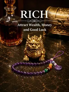 Money Magnet Beaded Phone Chain- Amethyst Crystal Bead Prosperity Amulet, Nine Purple Li Fire Energy Talisman for Wealth & Peace, Adjustable Wrist Strap Accessory, Spiritual Luck Jewelry Gift for Abundance & Success