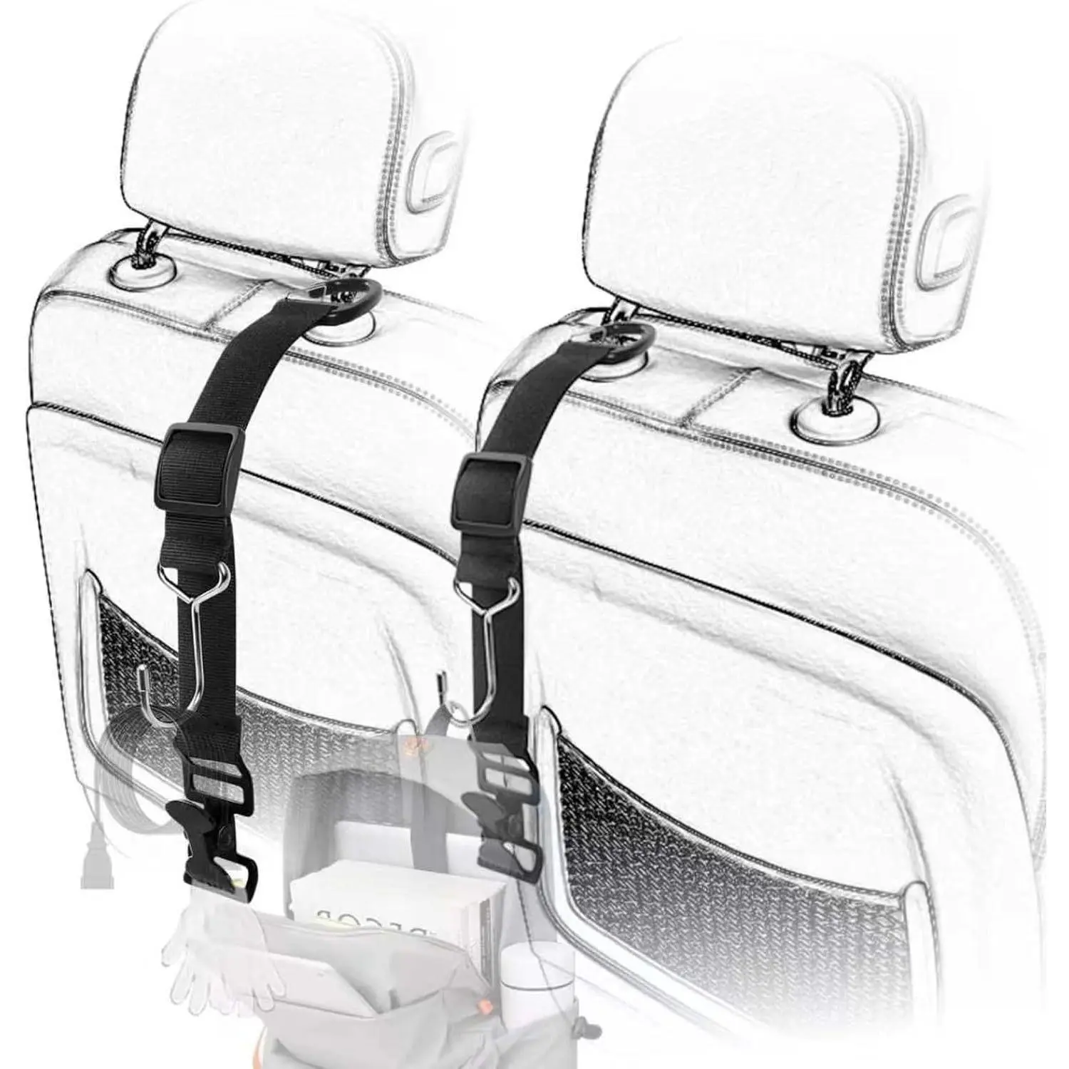 Purse Hook for , Adjustable Headrest Hooks & Hat Clip (2 Pack) | 100 LBS Heavy Duty | Metal Construction | Anti-Slip Clip | Tool-Free Install |   Fit | Drivers Crews Families