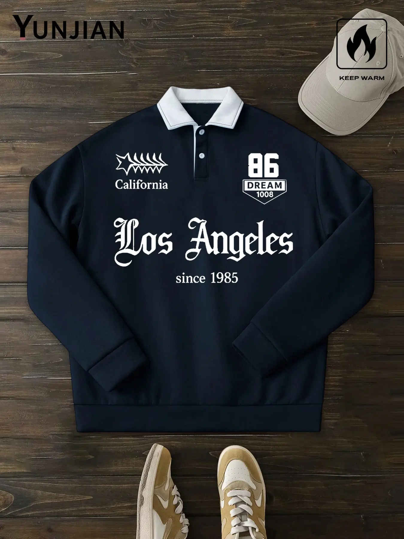 Men's Warm Fleece Polo Neck Sweatshirt, Soft Casual Los Angeles Print, Loose Fit Long Sleeve Pullover, Fall Winter Layering