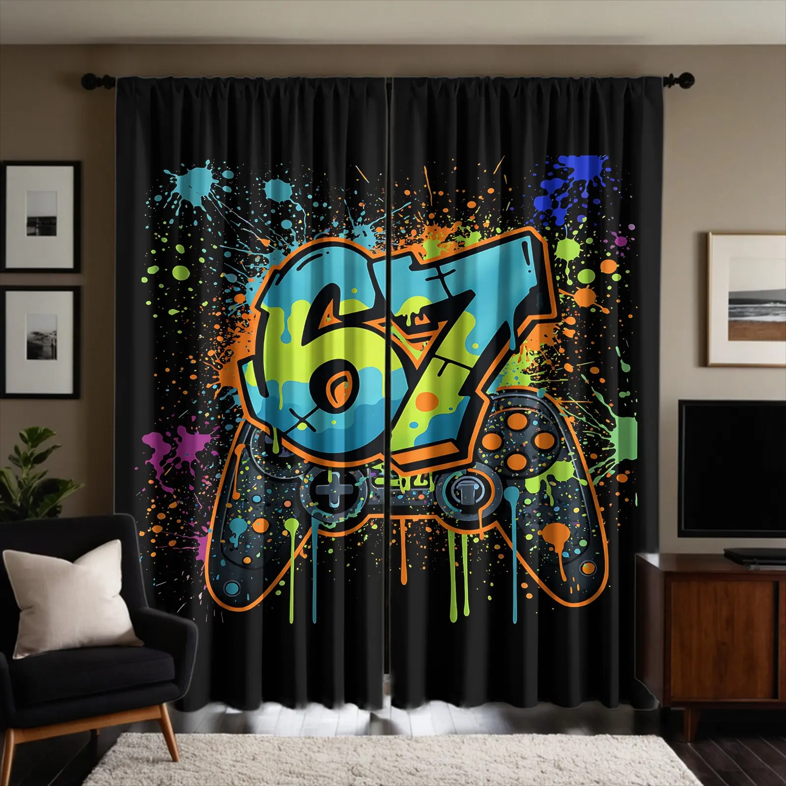 2 Panels Cool Game Graffiti Print Rod-pocket Decorative Curtains, Semi-sheer Privacy Curtains, Window Drapes for Teen Game Room Bedroom Home Decor